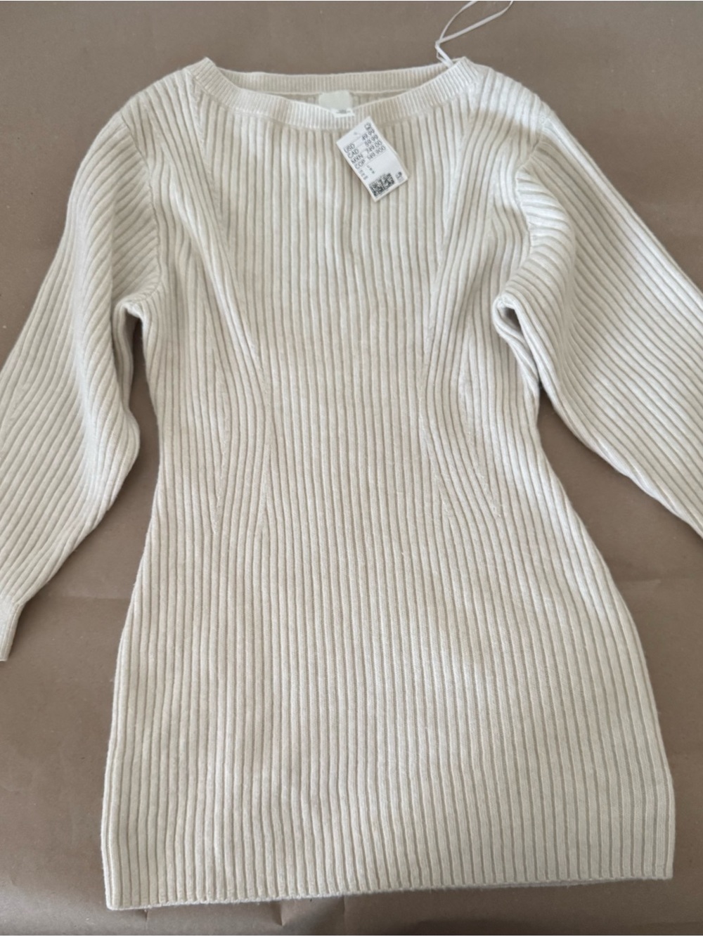 H&M Cream Ribbed Crewneck Sweater Dress
